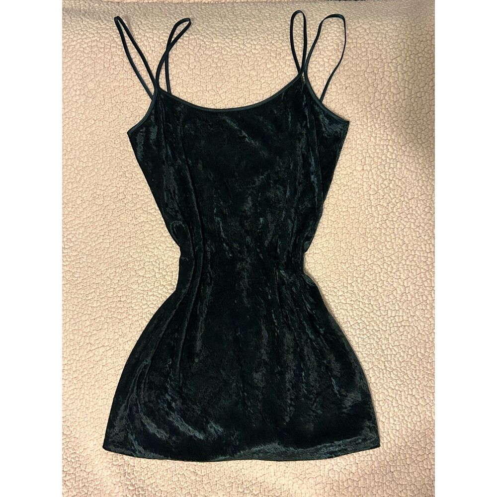 Whimsigoth Vtg 90s Dark Green Crushed Velvet Low Back Cami Mini Party Dress